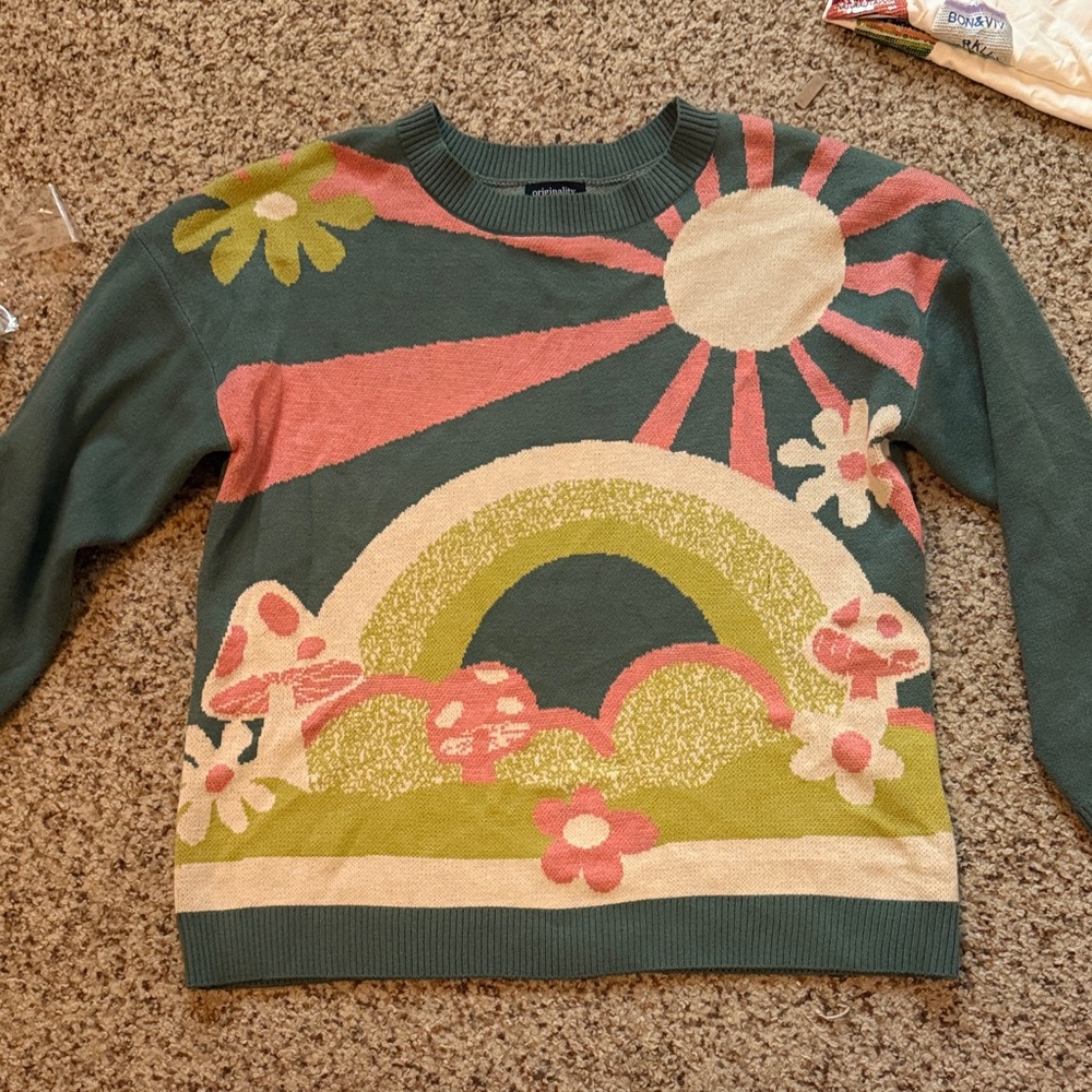 Retro Psychedelic Mushroom Graphic Women's Sweater in Green and Pink